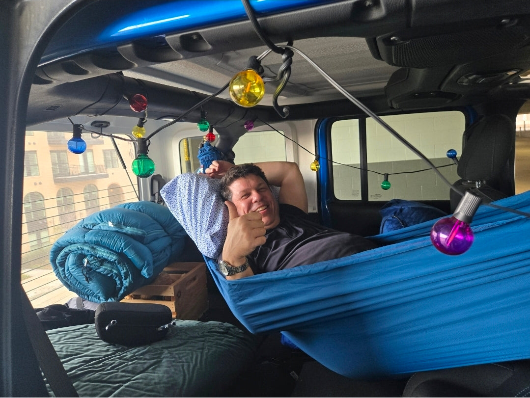 Meraki solo hammock installed inside a Jeep Wrangler JLU 4-door with no-drill brackets - photo 2