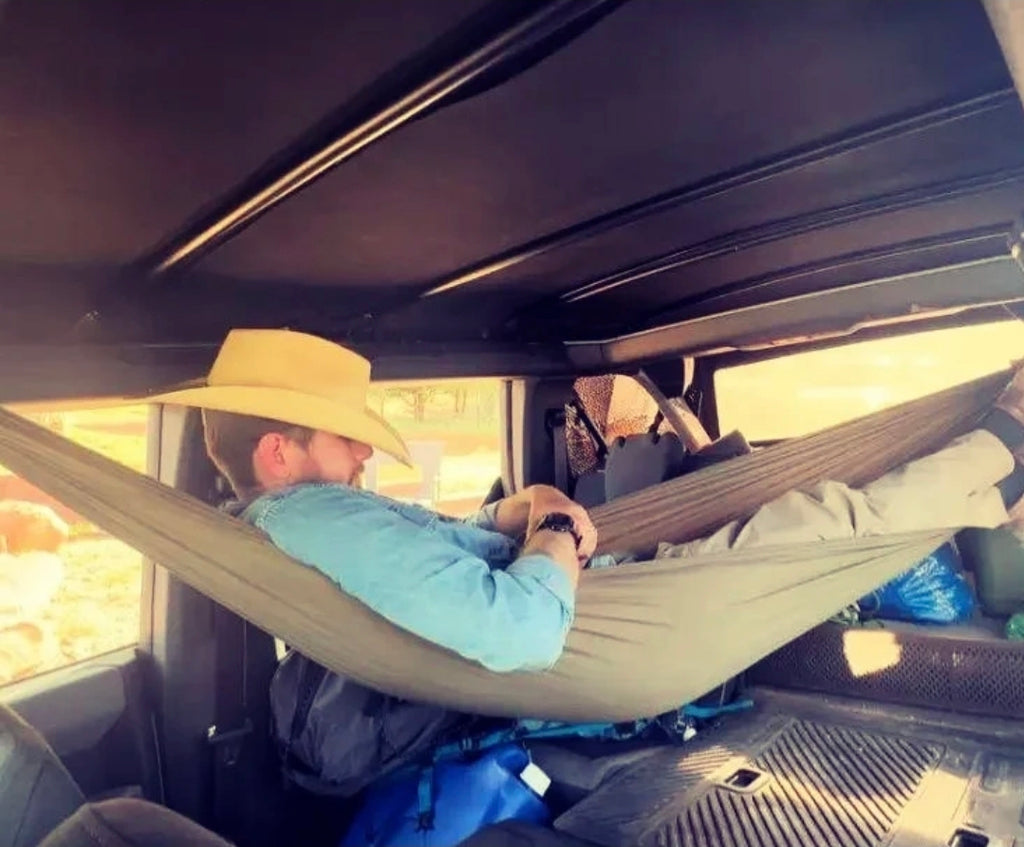 Meraki solo hammock installed inside a Gen 6 Ford Bronco 4-Door with no-drill roll bar brackets - photo 4